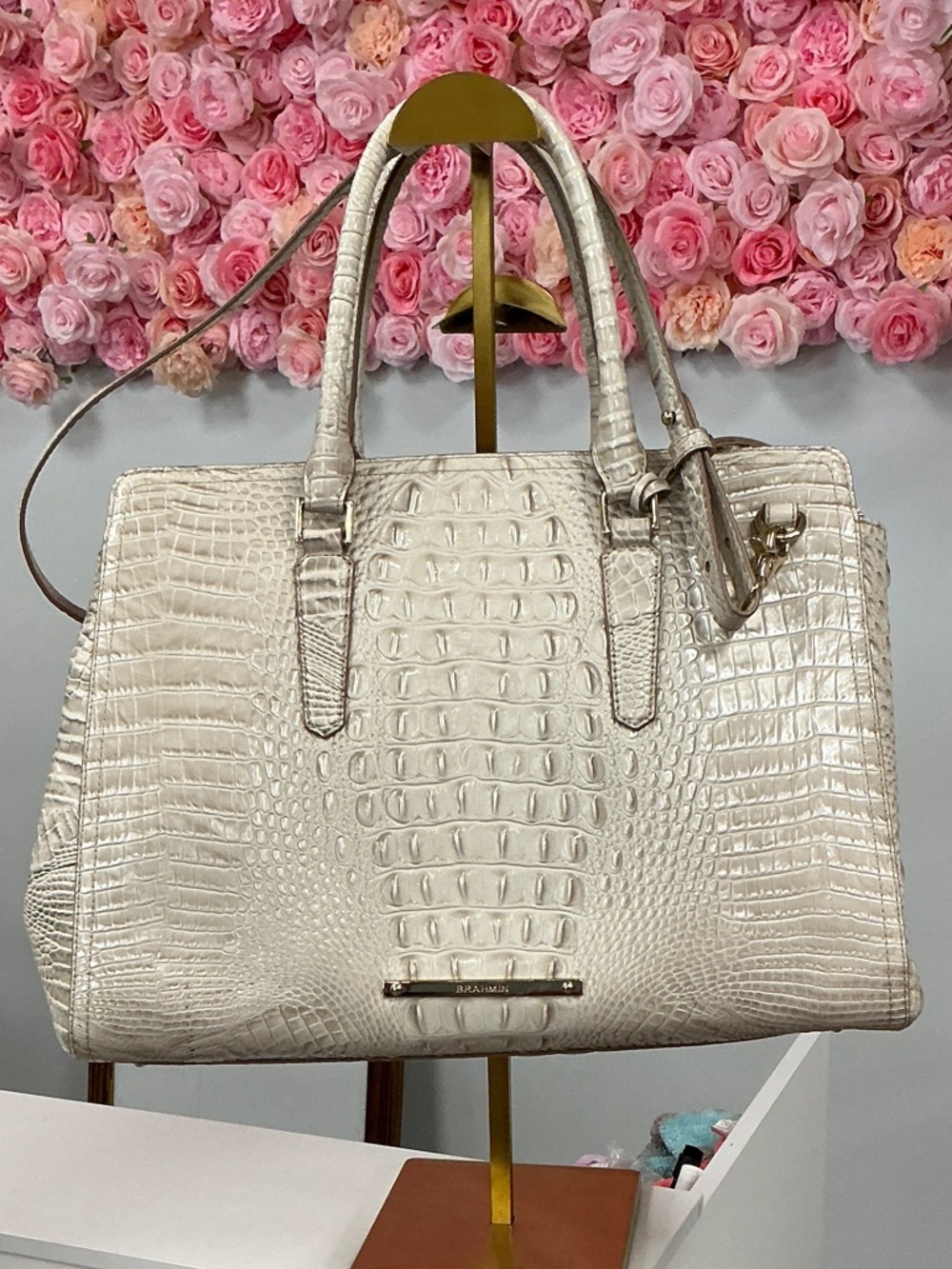 Brahmin Cream Croc-Embossed Leather Satchel